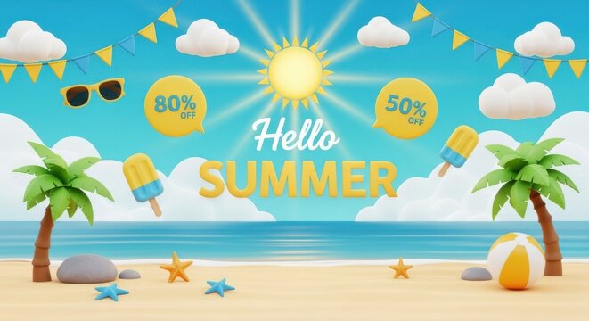Summer sale banner with beach scene, palm trees, sun, clouds, and ice cream
