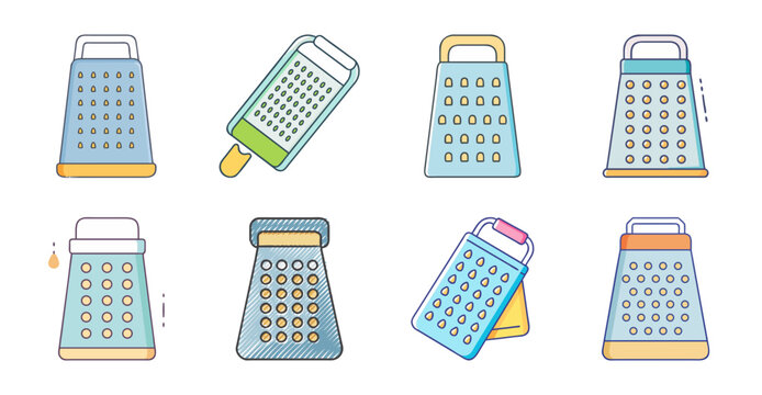 Colorful kitchen graters and zesters set - Brightly illustrated set of nine kitchen graters and zesters in various colors and designs, arranged neatly in a row.