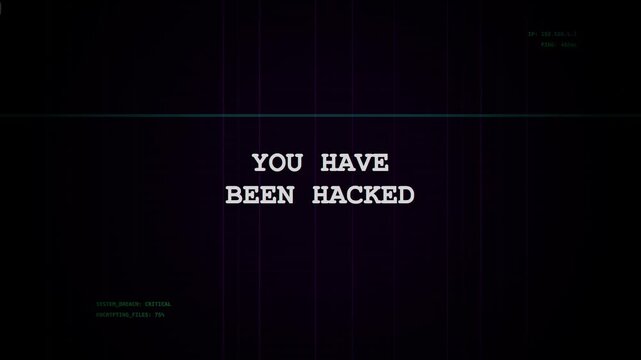 you have been hacked text with glitch effect and digital noise, cybersecurity breach, data loss warning, system intrusion, vintage computer screen
