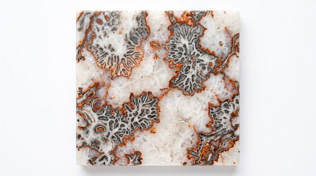 Closeup of a polished slab of white agate with intricate dendritic patterns and coppercolored inclusions isolated on white background