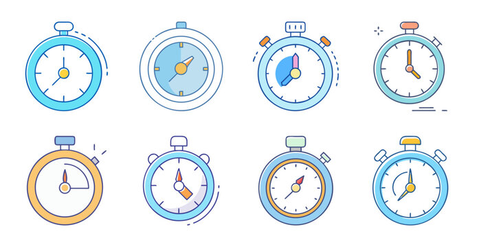 Colorful clock icons showing different times - A set of eight vibrant clock icons illustrating various times in a cheerful, flat design style.