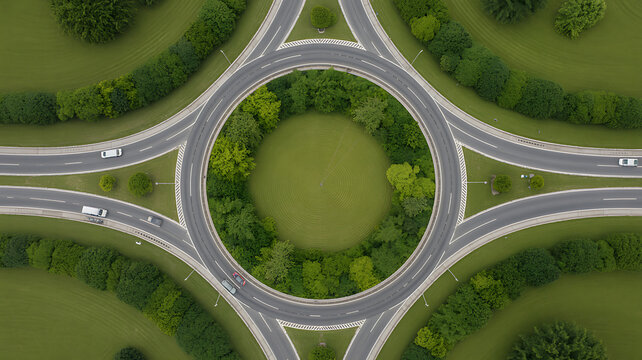 Aerial view of a circular road roundabout with green trees and grass lawn in the center surrounded by asphalt lanes for traffic flow in a suburban area during a bright sunny summer day