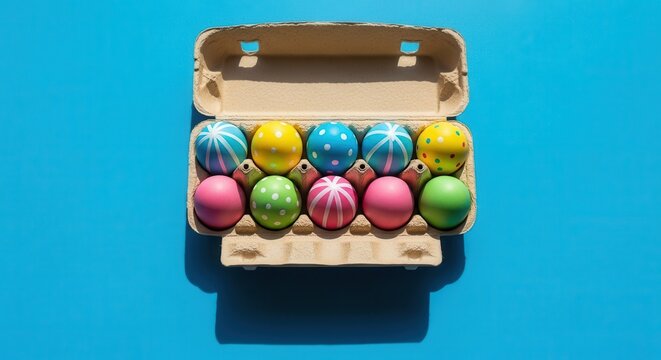 Colorful Easter eggs in carton box on blue background