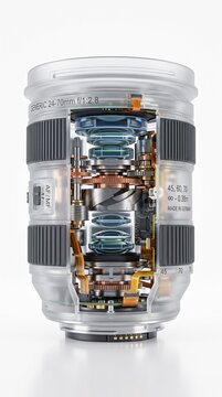 Cross section of camera lens with visible optical elements gears circuits and advanced photographic engineering