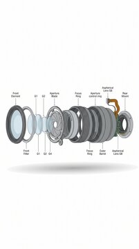 exploded view camera lens assembly showing separated optical elements rings mechanical parts engineering