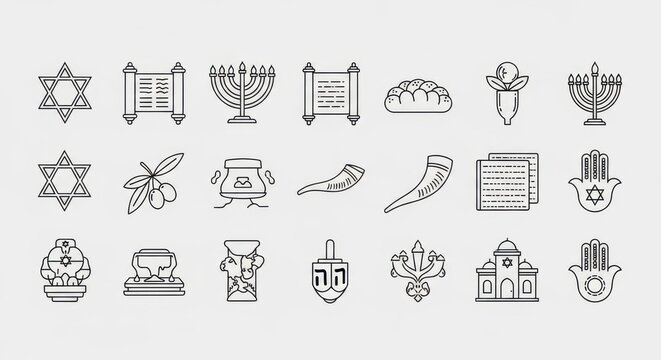 Set of jewish holiday and religious line icons