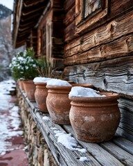 Fototapeta premium Rustic Winter Charm: Snowy Terracotta Pots beside a Weathered Wooden Cabin