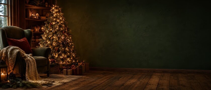 Cozy christmas scene with a warmly lit tree and comfortable chair for festive winter holiday background