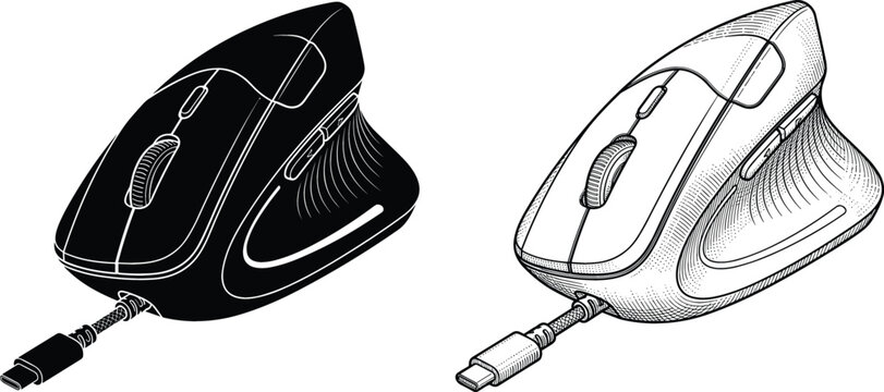 Ergonomic computer mouse in black and white line art with USB-C connector for digital design concepts