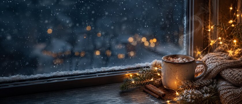 Cozy christmas scene with warm drink by the window festive decor and snowy background for holiday inspiration