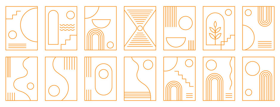 Minimalist boho abstract orange line art poster set, modern geometric shapes, sun, arch, staircase, waves, botanical leaf line, outline collection for decor.