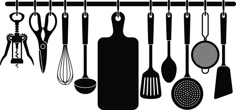 Black kitchen utensils tools set hanging on rack vector illustration