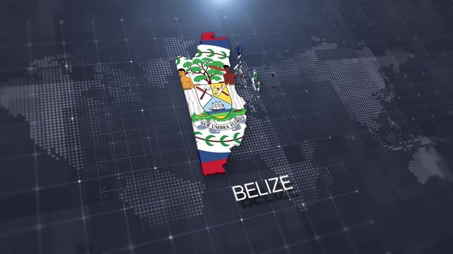 Belize map with national flag on digital world map background, geographic border, global political and international news concept