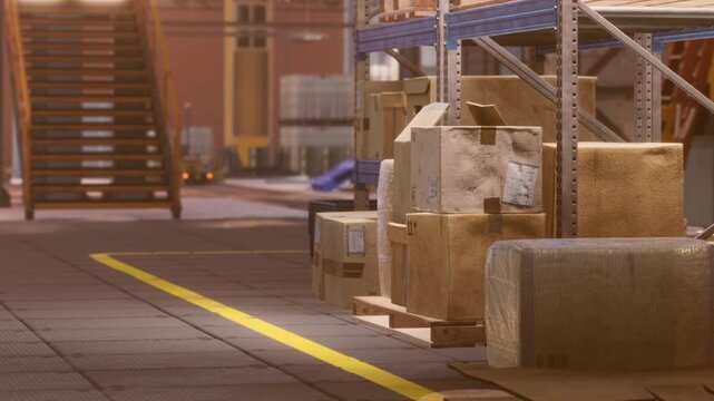 Workers have organized boxes in a warehouse. The area is busy with activity. Metal shelves hold more supplies. The floor has marked lines for order and safety.