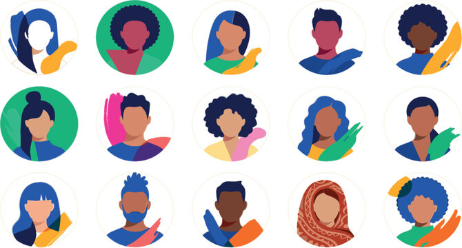 Diverse People Profile Avatar Icon Set with Flat Design Men and Women Faces, Multiethnic Corporate Staff Portraits, and Colorful Geometric UI Badge Elements