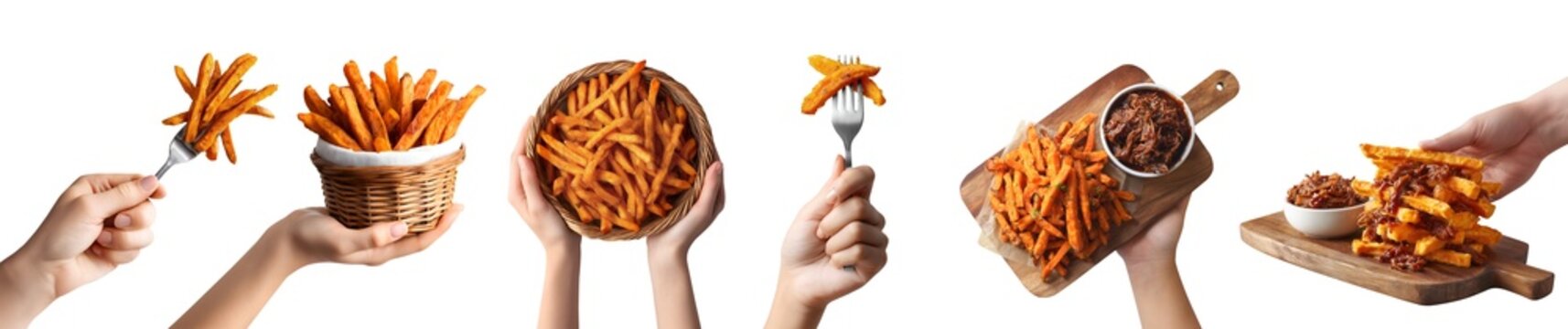 Set of hand holding baked grilled sweet potato potatoes fries fry, golden fried on fork rattan basket, serving board with pulled bbq pork, pile stack group, transparent cutout PNG Mockup