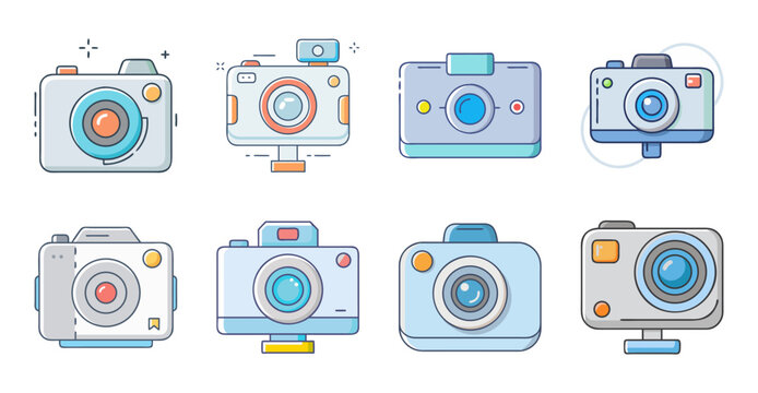 Flat design camera icons set with photography elements - A colorful set of flat design camera icons showing various photography tools, effects, and settings in a clean, modern style.
