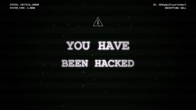 Digital screen displaying "you have been hacked" text message with glitch effect, data breach warning, cyber attack concept