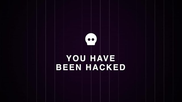 digital warning message 'you have been hacked' with skull icon and glitch effect, security breach alert