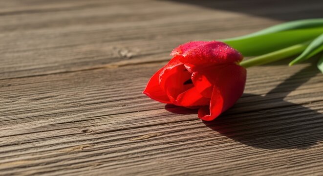 Single Red Tulip on Wooden Table, Morning Sunlight