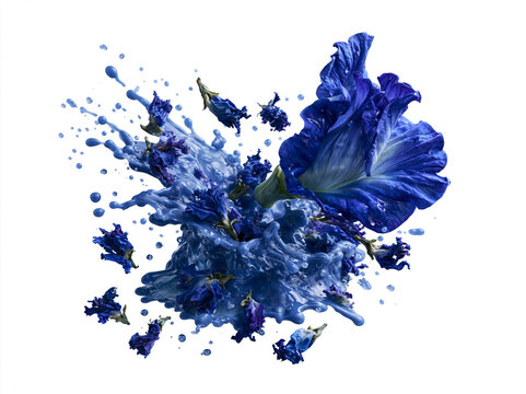 Butterfly pea flowers with blue liquid splash isolated on white background