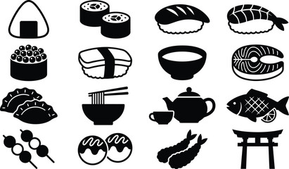 Set of japanese food icons including sushi, ramen, tea and tempura © Ruma