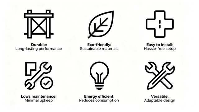 Building material performance indicator icon, durable, environmentally friendly raw materials, easy installation, easy maintenance, energy saving, designed to adapt to various scenarios
