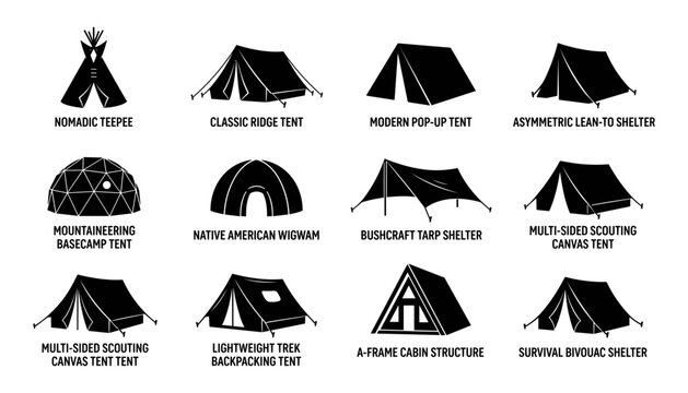 Tents and Shelters for Camping and Outdoor Use in Various Styles and Designs Featuring Shelter, Nomadic, Teepee with Classic