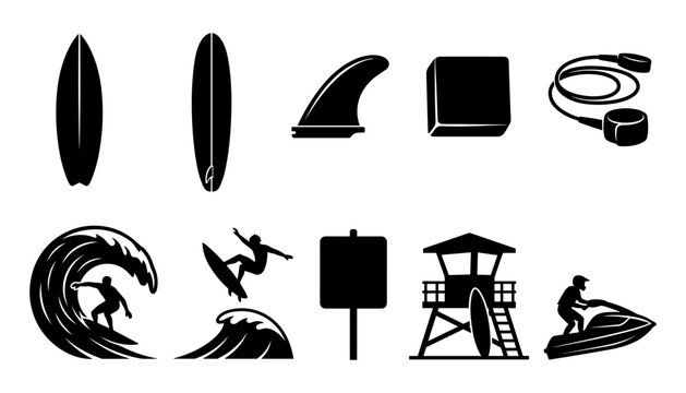 Surfboards and Surfing Icons with Lifeguard Tower and Jet Ski Featuring Surfboard, Wave, Water with Sport and Beach Elements