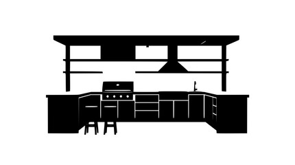Fototapeta premium Silhouette of a modern outdoor kitchen with grill and shelves