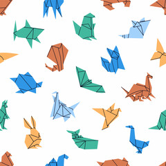 Obraz premium Repeatable pattern of colourful animals origami. Endless background of folded paper into different figures. Wrapping with Asian crafts, handmade paper toys. Flat seamless vector illustration