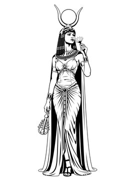 Hathor. Ancient Egyptian Goddess. Black and white vector clipart.
