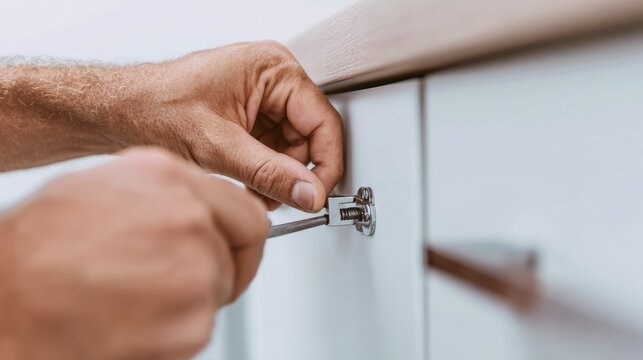 Man fixing cabinet hinge with a screwdriver in close-up shot