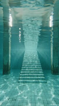Underwater tiled staircase in empty flooded pool with calm water, light reflections creating serene atmosphere and peaceful patterns