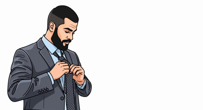Man adjusting tie vector illustration showing business person in suit getting ready. Office worker preparing for interview in graphic style. Professional branding template and corporate banner design.