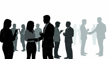 Obraz premium Business people silhouettes vector illustration with professional group networking at corporate event. Business people silhouettes vector graphic showing colleagues talking.
