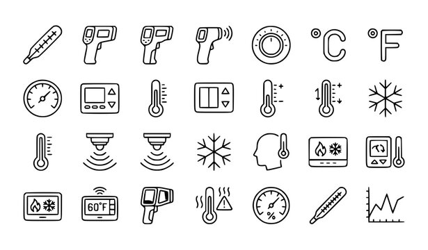 Thermometer and Temperature Measurement Line Icons Set