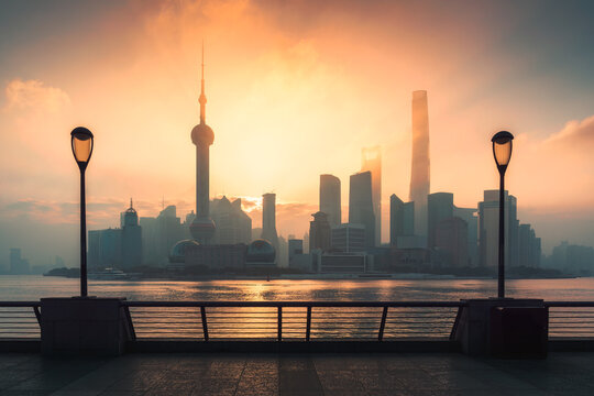 Shanghai Skyline at Golden Sunrise from the Bund with Oriental Pearl Tower and Modern Skyscrapers in China