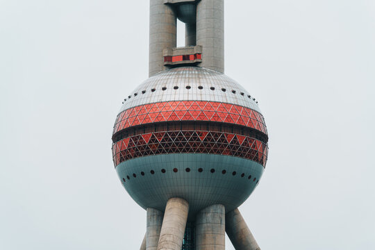Iconic Oriental Pearl Tower sphere design closeup in Shanghai skyline