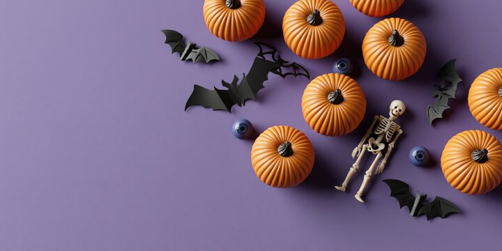 Halloween Flat Lay Background with Pumpkins Bats Spiders and Skeletons on Purple Surface