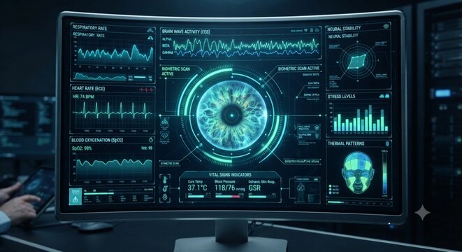AI-generated futuristic biometric data analysis user interface with a human iris visualization