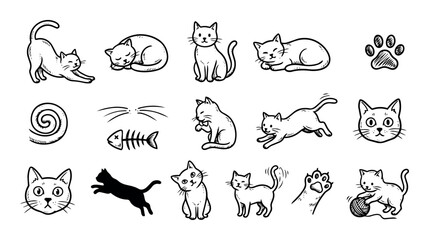 Obraz premium Various cat poses and playful actions with related elements including paw prints, fishbone, and yarn ball