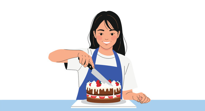 Young woman in a white shirt and blue apron smiling while carefully cutting a delicious chocolate and strawberry layer cake with a knife.