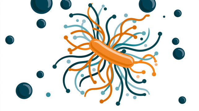 A minimalist stylized vector illustration showing a central orange microorganism surrounded by dark blue extensions and floating cellular structures on a clean white background.