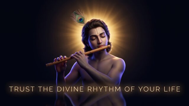 Lord Krishna Playing Flute &ndash; Divine Rhythm Spiritual Quote Banner