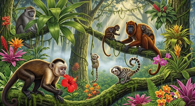 Monkeys in Jungle Scene.