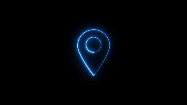 Abstract blue neon line sing location icon ,fast tracking map pin icon animation on black background. 4k video .