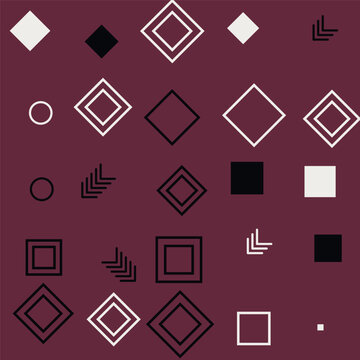 Abstract geometric pattern with squares circles and lines in white black and dark red colors