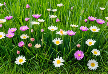 Fototapeta premium Field of blooming daisies and pink flowers in green grass