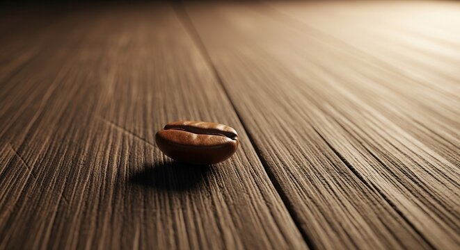 Single Roasted Coffee Bean on Textured Wooden Surface, Warm Light